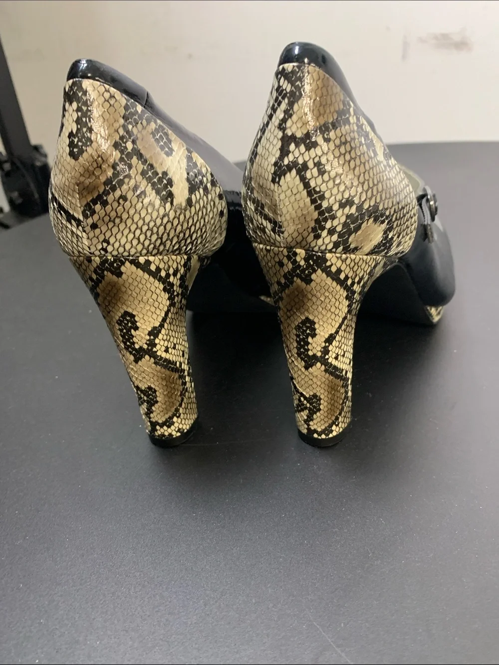 Alfani Black Patent Mary Jane Pumps with Snake-Print Accents